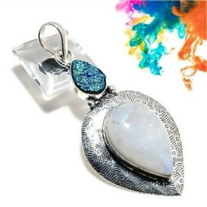 New Rainbow Moonstone & Titanium Druzy 925 Silver Pendant.